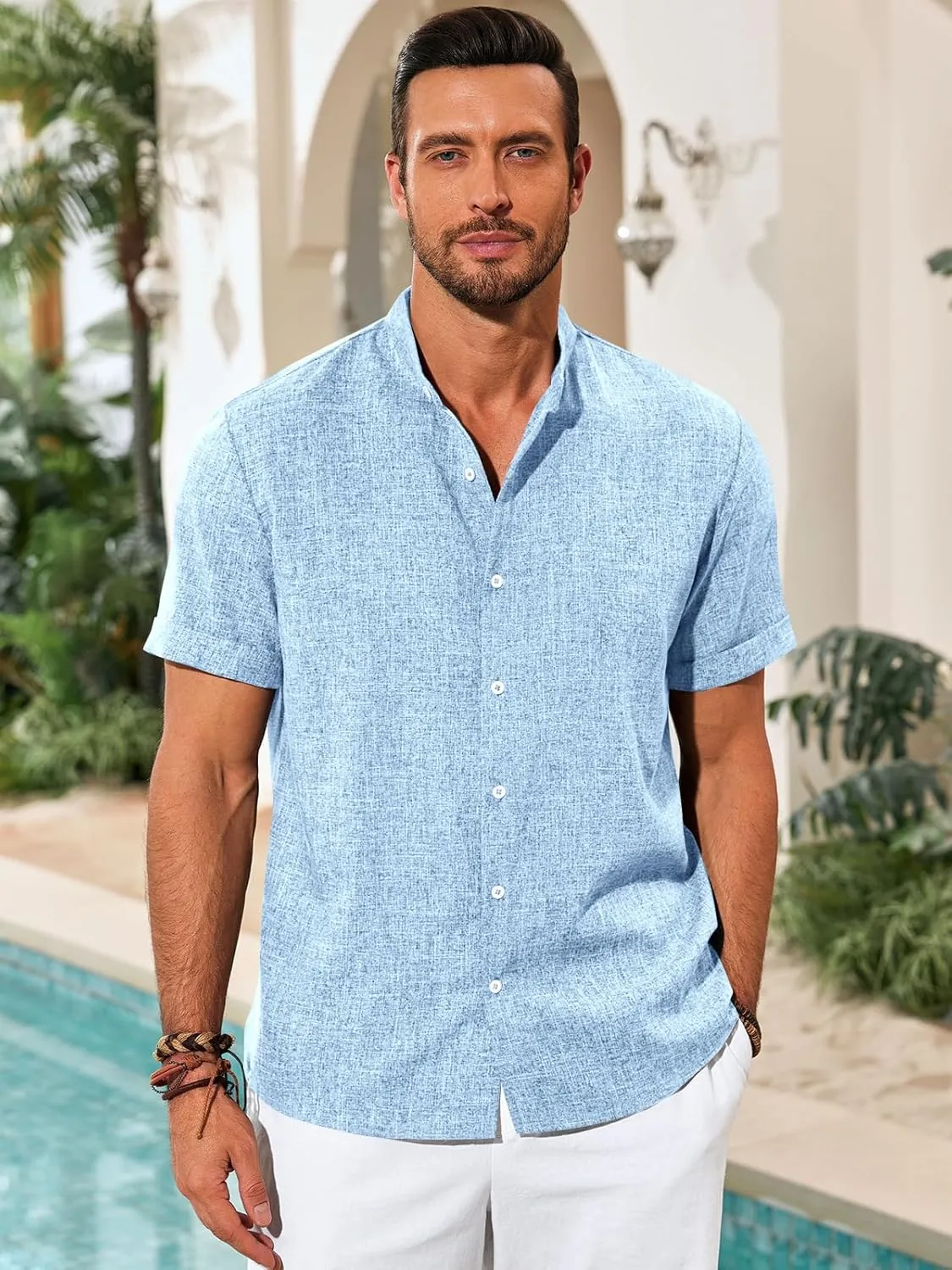 Runcati Mens Casual Button Down Shirts Short Sleeve Banded Collar Shirt Linen Beach Summer Hippie Tops