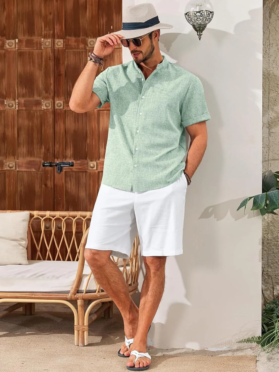 Runcati Mens Casual Button Down Shirts Short Sleeve Banded Collar Shirt Linen Beach Summer Hippie Tops