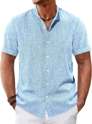 Runcati Mens Casual Button Down Shirts Short Sleeve Banded Collar Shirt Linen Beach Summer Hippie Tops