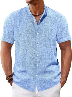 Runcati Mens Casual Button Down Shirts Short Sleeve Banded Collar Shirt Linen Beach Summer Hippie Tops