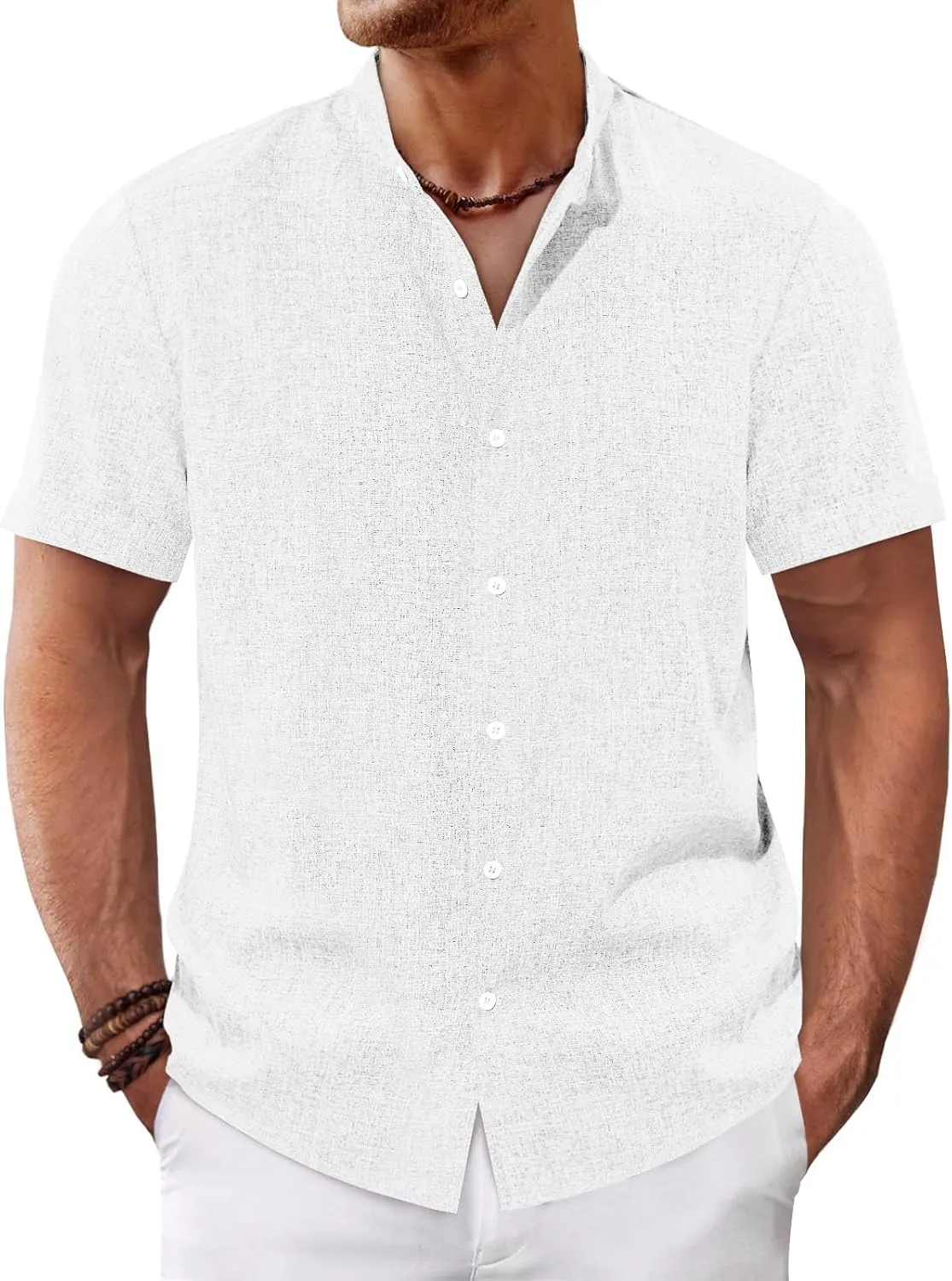 Runcati Mens Casual Button Down Shirts Short Sleeve Banded Collar Shirt Linen Beach Summer Hippie Tops