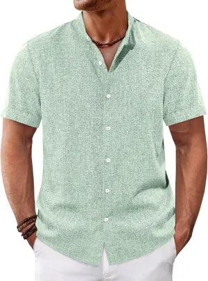 Runcati Mens Casual Button Down Shirts Short Sleeve Banded Collar Shirt Linen Beach Summer Hippie Tops