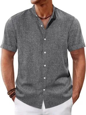 Runcati Mens Casual Button Down Shirts Short Sleeve Banded Collar Shirt Linen Beach Summer Hippie Tops