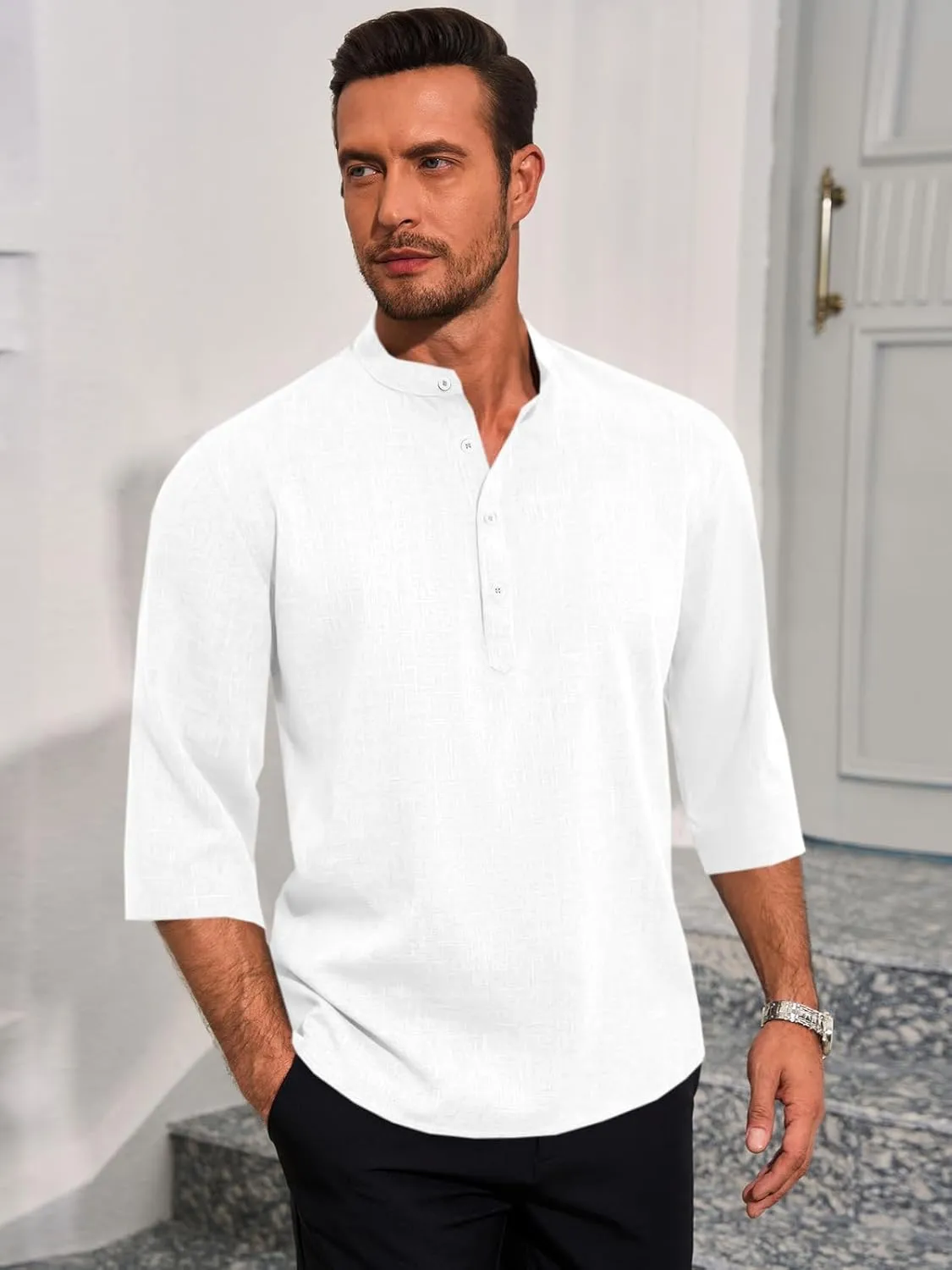 Runcati Mens Linen Henley Shirts Casual Lightweight 3/4 Sleeve T-Shirt Summer Beach Yoga Hippie Tops