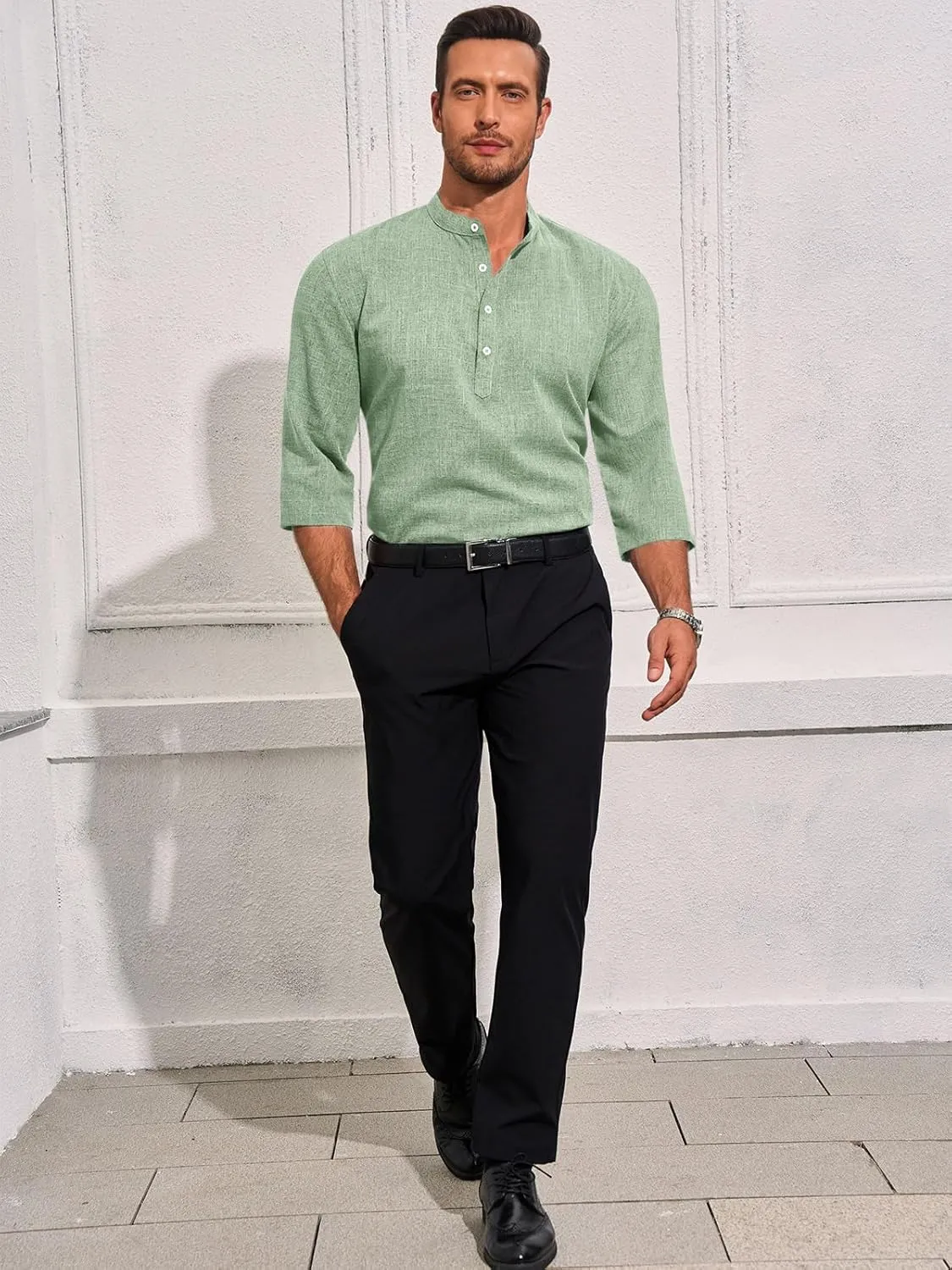 Runcati Mens Linen Henley Shirts Casual Lightweight 3/4 Sleeve T-Shirt Summer Beach Yoga Hippie Tops