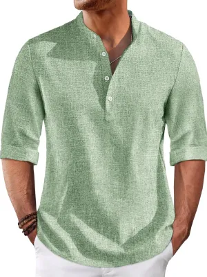 Runcati Mens Linen Henley Shirts Casual Lightweight 3/4 Sleeve T-Shirt Summer Beach Yoga Hippie Tops