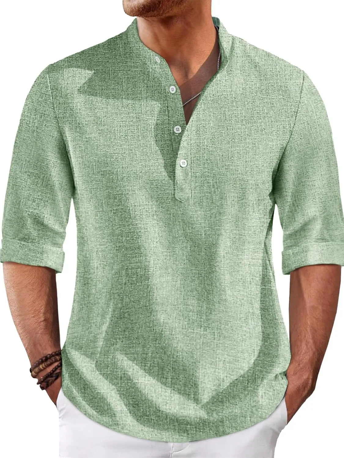 Runcati Mens Linen Henley Shirts Casual Lightweight 3/4 Sleeve T-Shirt Summer Beach Yoga Hippie Tops