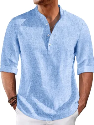 Runcati Mens Linen Henley Shirts Casual Lightweight 3/4 Sleeve T-Shirt Summer Beach Yoga Hippie Tops