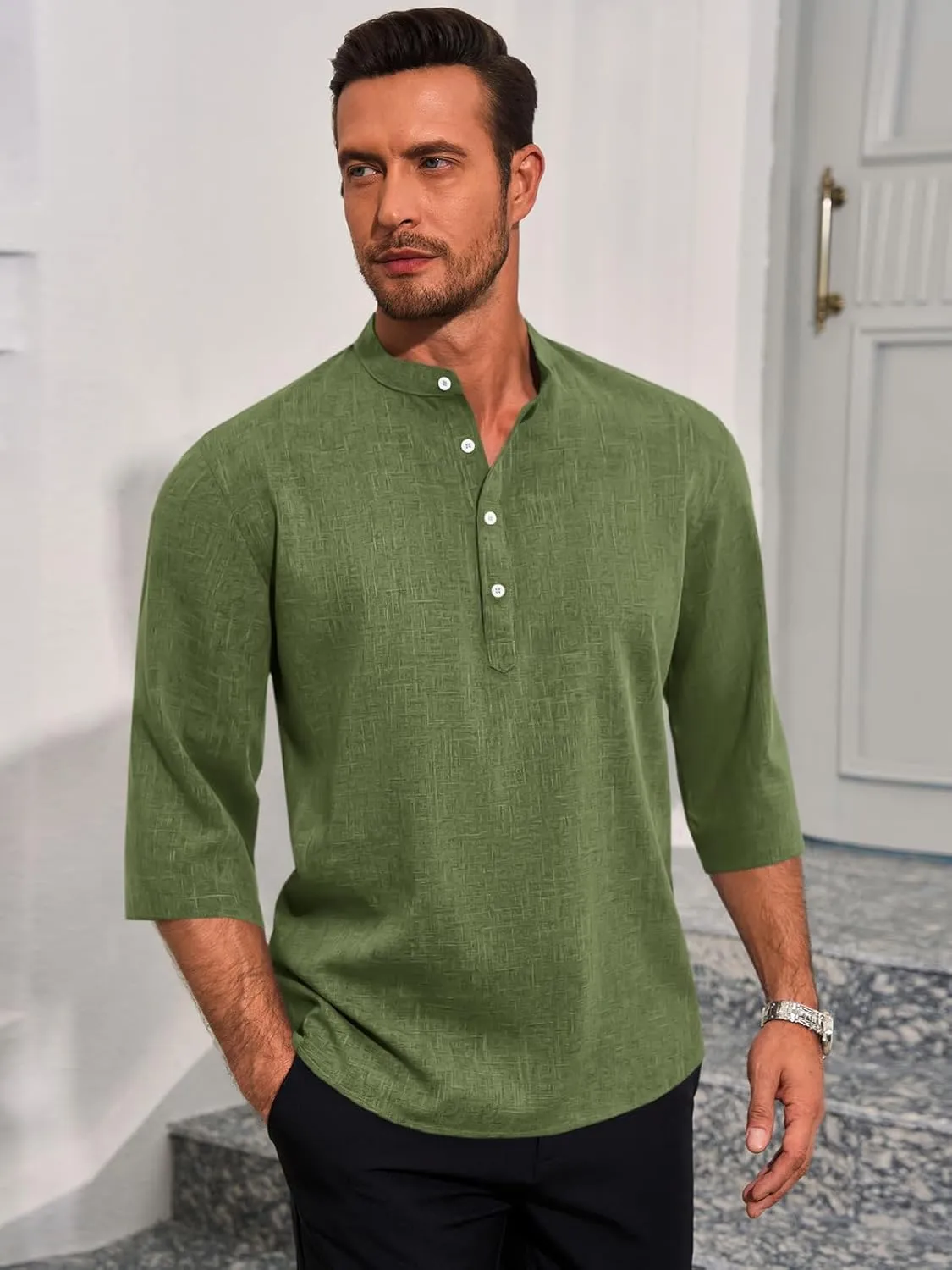 Runcati Mens Linen Henley Shirts Casual Lightweight 3/4 Sleeve T-Shirt Summer Beach Yoga Hippie Tops