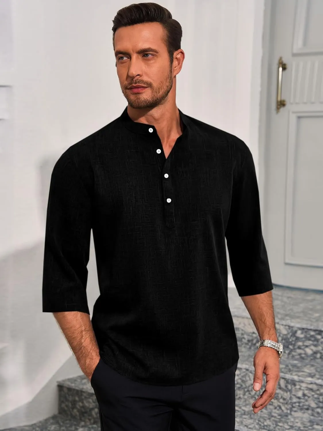 Runcati Mens Linen Henley Shirts Casual Lightweight 3/4 Sleeve T-Shirt Summer Beach Yoga Hippie Tops