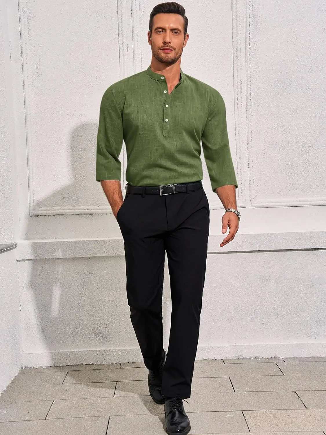 Runcati Mens Linen Henley Shirts Casual Lightweight 3/4 Sleeve T-Shirt Summer Beach Yoga Hippie Tops