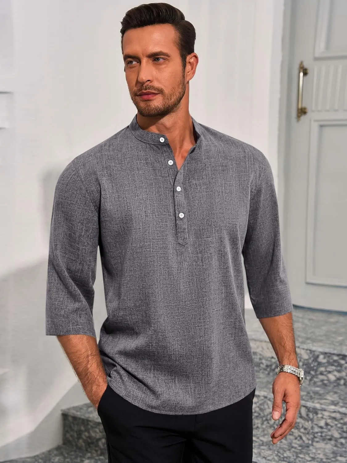 Runcati Mens Linen Henley Shirts Casual Lightweight 3/4 Sleeve T-Shirt Summer Beach Yoga Hippie Tops