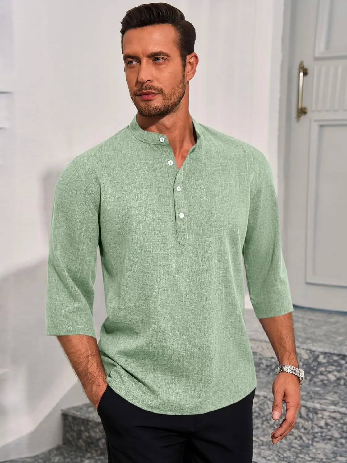 Runcati Mens Linen Henley Shirts Casual Lightweight 3/4 Sleeve T-Shirt Summer Beach Yoga Hippie Tops