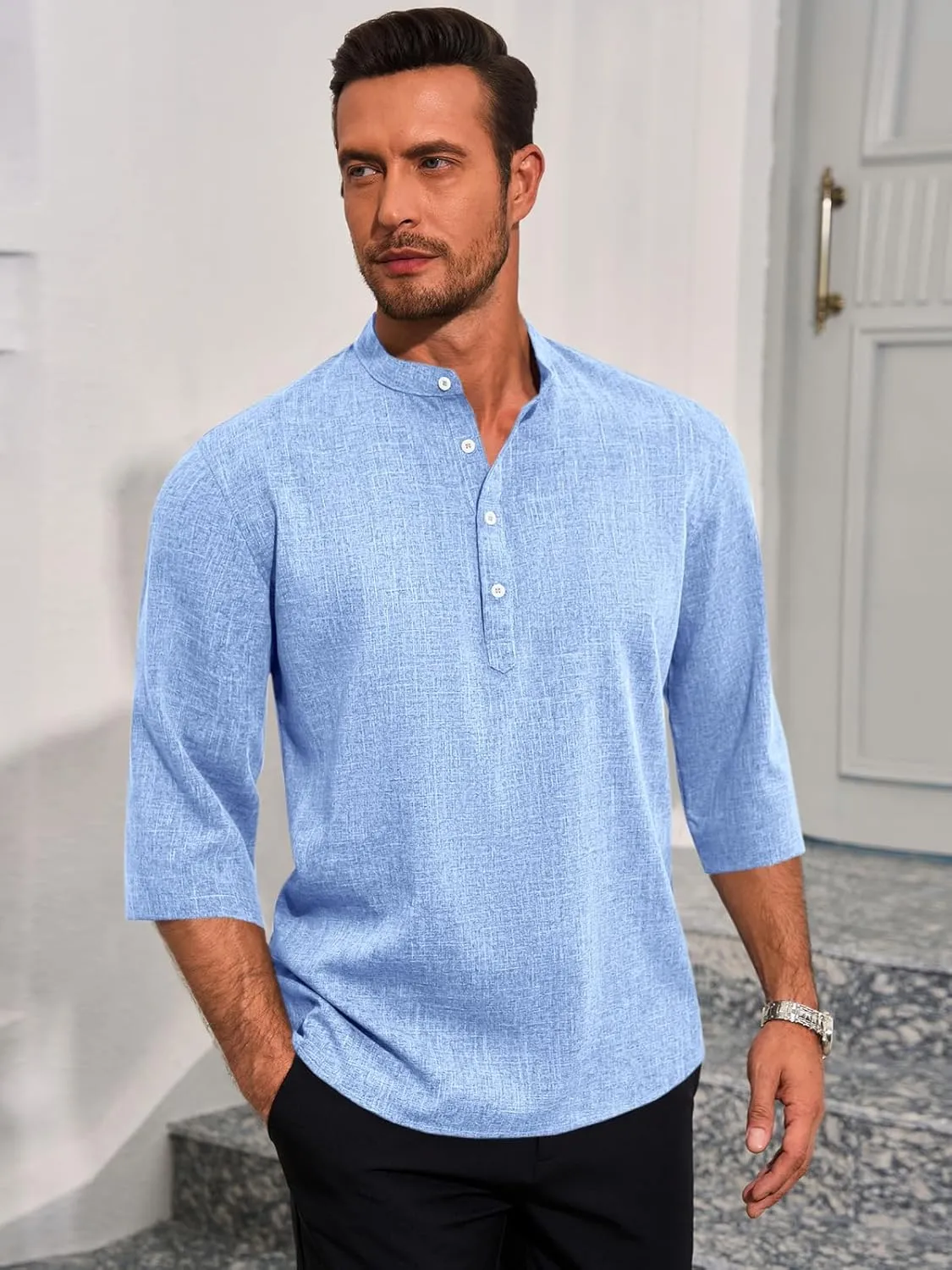 Runcati Mens Linen Henley Shirts Casual Lightweight 3/4 Sleeve T-Shirt Summer Beach Yoga Hippie Tops