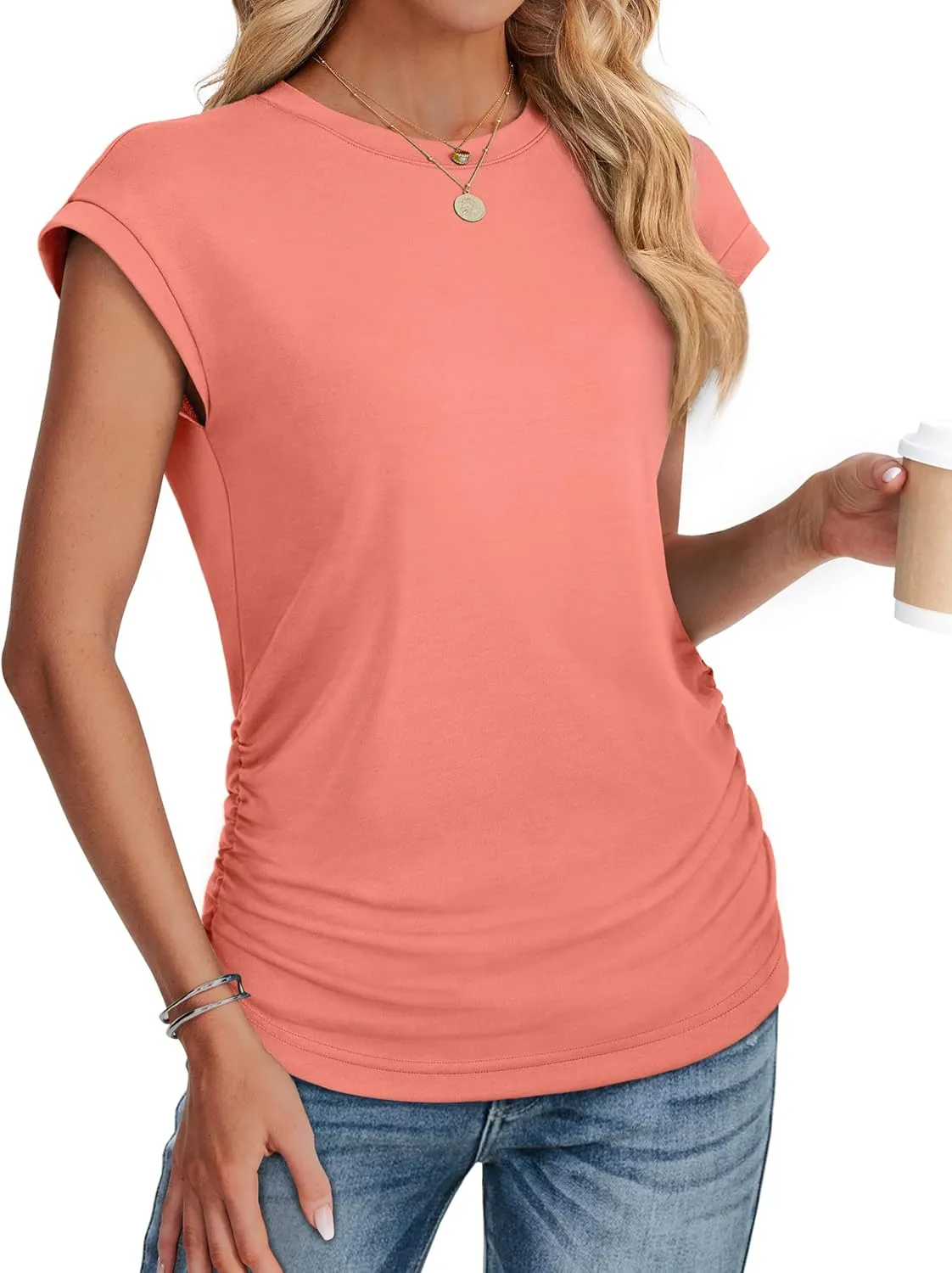 SAMPEEL Womens Summer Tops Trendy 2025 Ruched Cap Short Sleeve Tshirts Shirts Crew Neck T Shirts Fashion