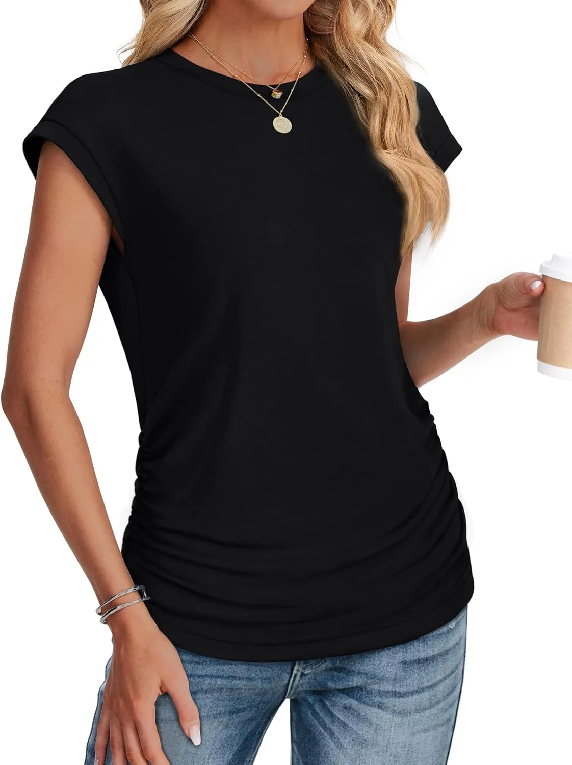 SAMPEEL Womens Summer Tops Trendy 2025 Ruched Cap Short Sleeve Tshirts Shirts Crew Neck T Shirts Fashion