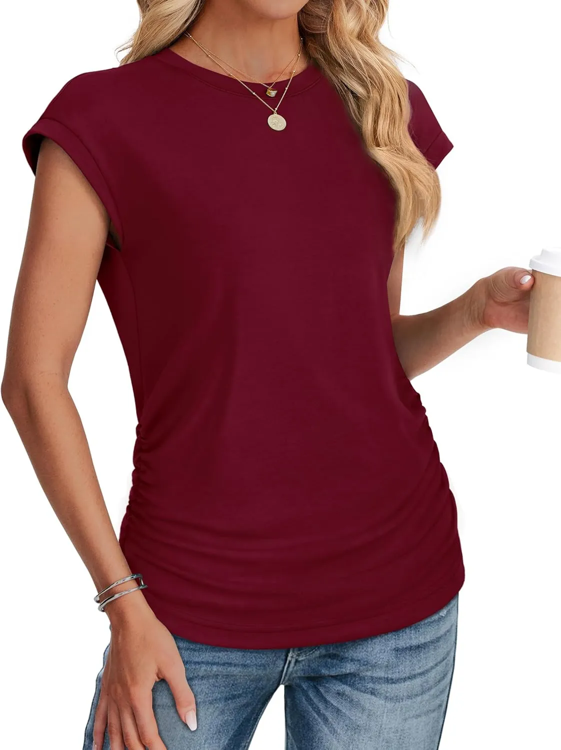 SAMPEEL Womens Summer Tops Trendy 2025 Ruched Cap Short Sleeve Tshirts Shirts Crew Neck T Shirts Fashion