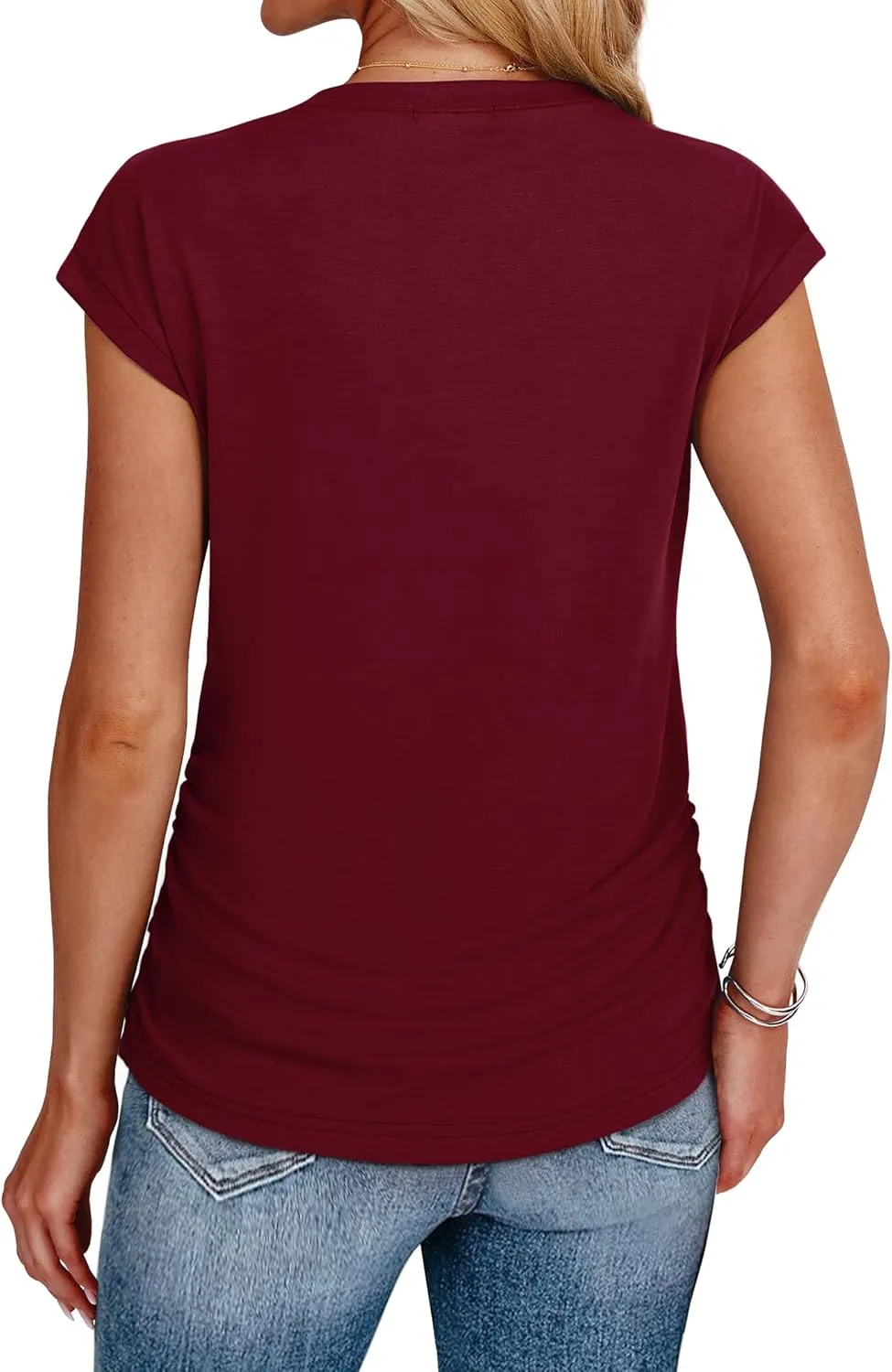 SAMPEEL Womens Summer Tops Trendy 2025 Ruched Cap Short Sleeve Tshirts Shirts Crew Neck T Shirts Fashion