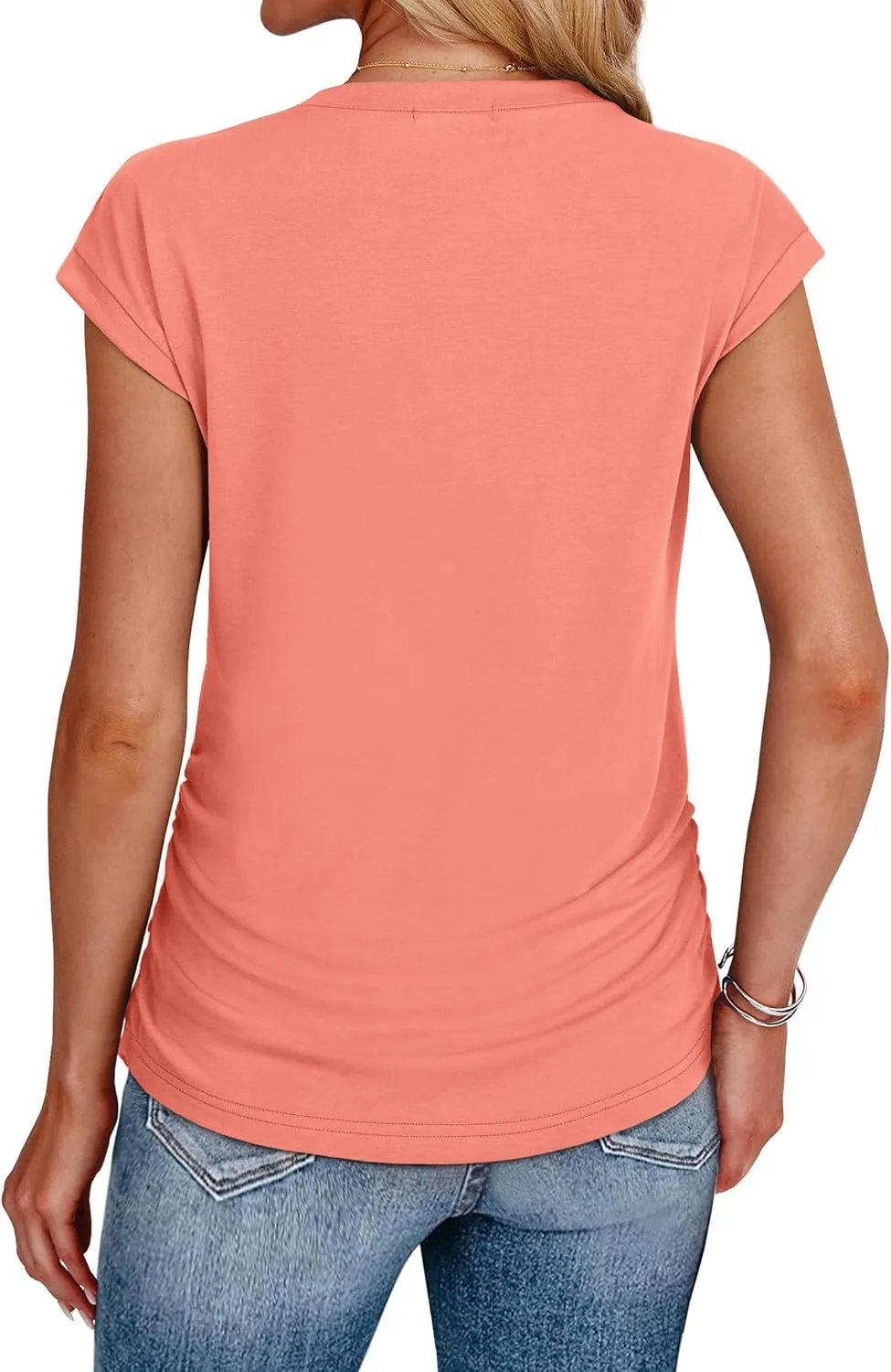SAMPEEL Womens Summer Tops Trendy 2025 Ruched Cap Short Sleeve Tshirts Shirts Crew Neck T Shirts Fashion