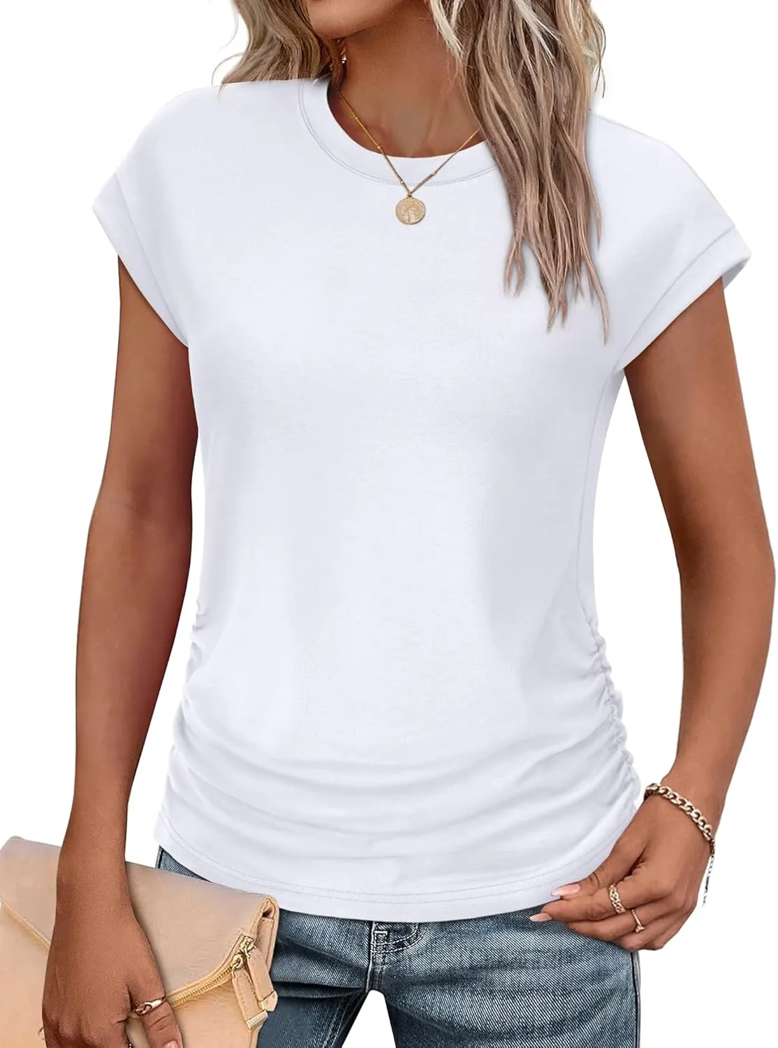 SAMPEEL Womens Summer Tops Trendy 2025 Ruched Cap Short Sleeve Tshirts Shirts Crew Neck T Shirts Fashion
