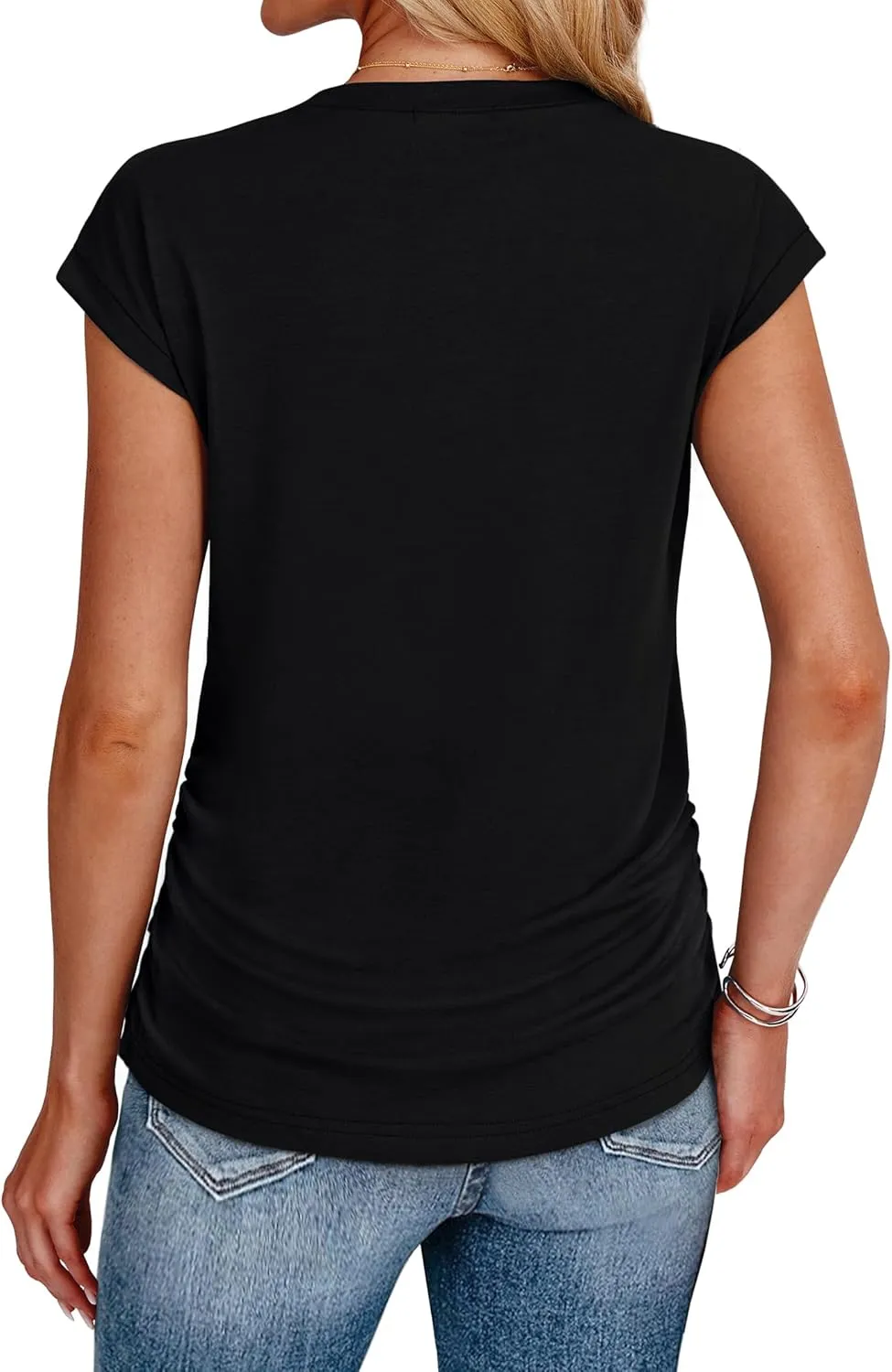 SAMPEEL Womens Summer Tops Trendy 2025 Ruched Cap Short Sleeve Tshirts Shirts Crew Neck T Shirts Fashion