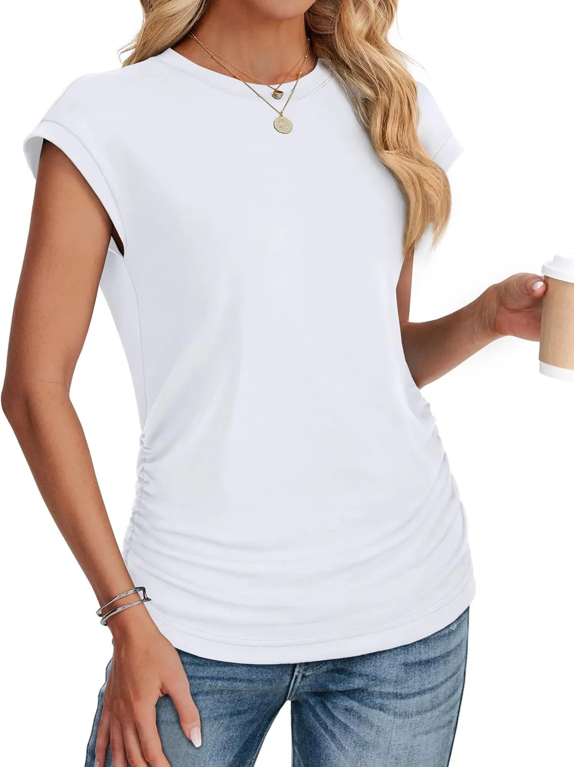 SAMPEEL Womens Summer Tops Trendy 2025 Ruched Cap Short Sleeve Tshirts Shirts Crew Neck T Shirts Fashion