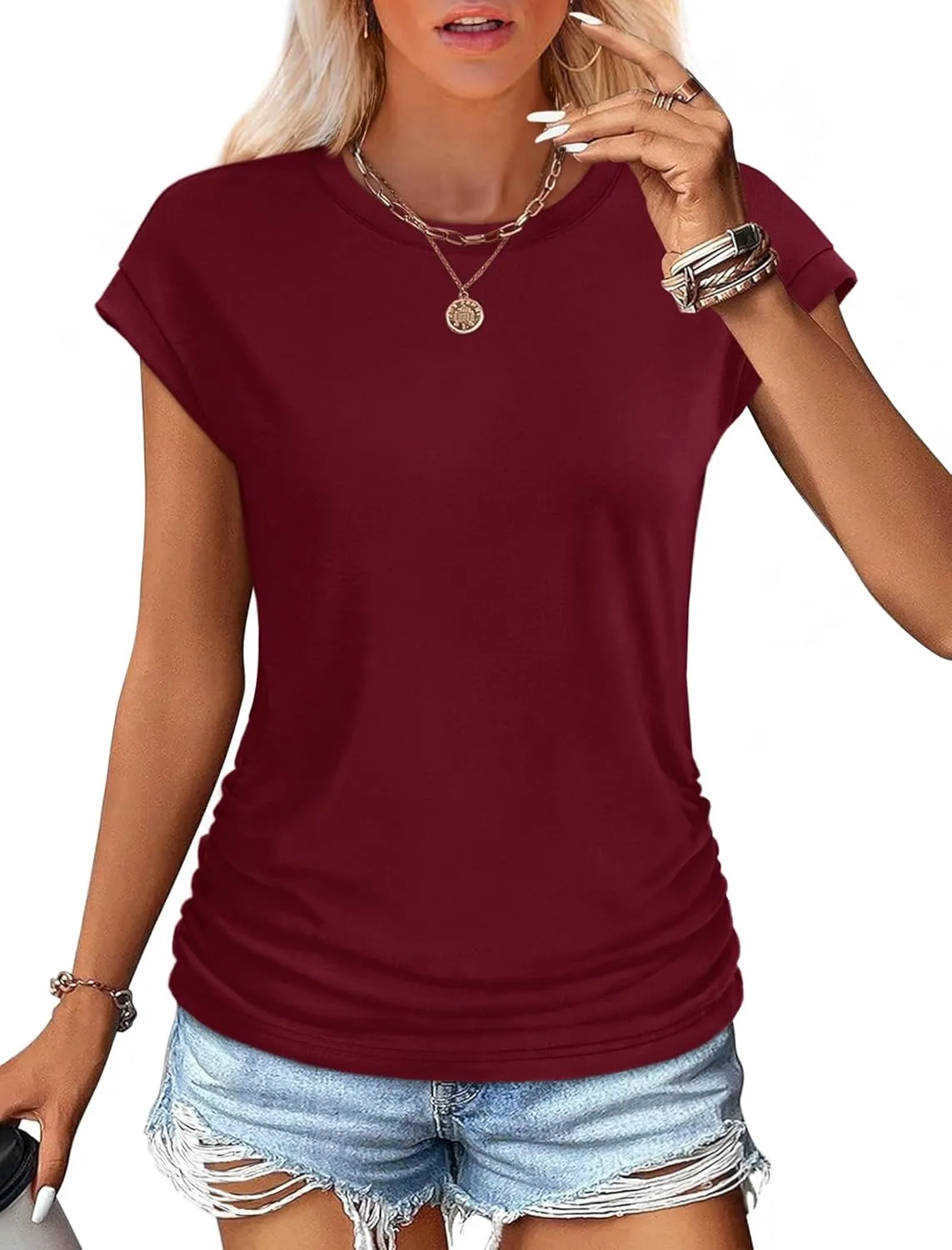 SAMPEEL Womens Summer Tops Trendy 2025 Ruched Cap Short Sleeve Tshirts Shirts Crew Neck T Shirts Fashion
