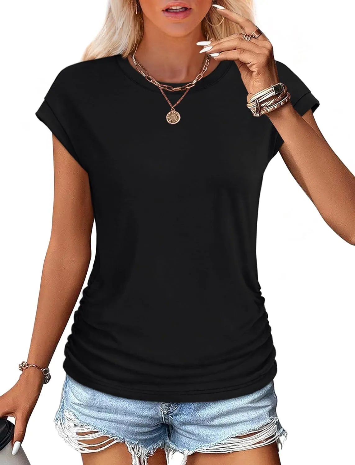 SAMPEEL Womens Summer Tops Trendy 2025 Ruched Cap Short Sleeve Tshirts Shirts Crew Neck T Shirts Fashion