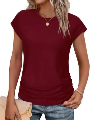 SAMPEEL Womens Summer Tops Trendy 2025 Ruched Cap Short Sleeve Tshirts Shirts Crew Neck T Shirts Fashion