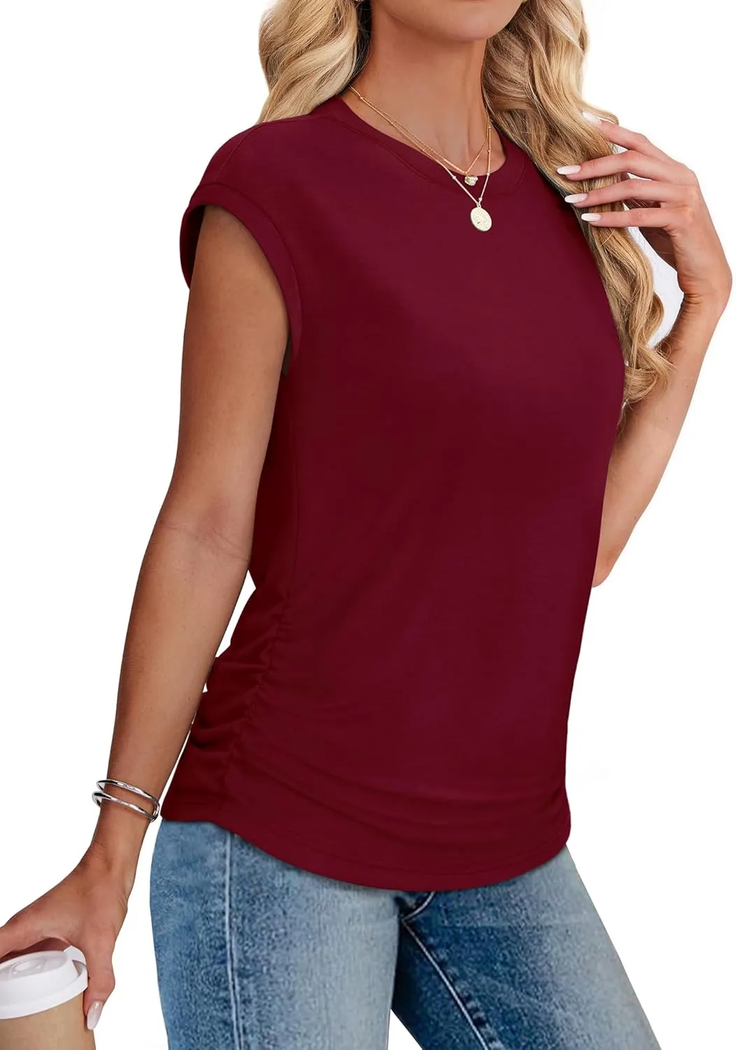 SAMPEEL Womens Summer Tops Trendy 2025 Ruched Cap Short Sleeve Tshirts Shirts Crew Neck T Shirts Fashion