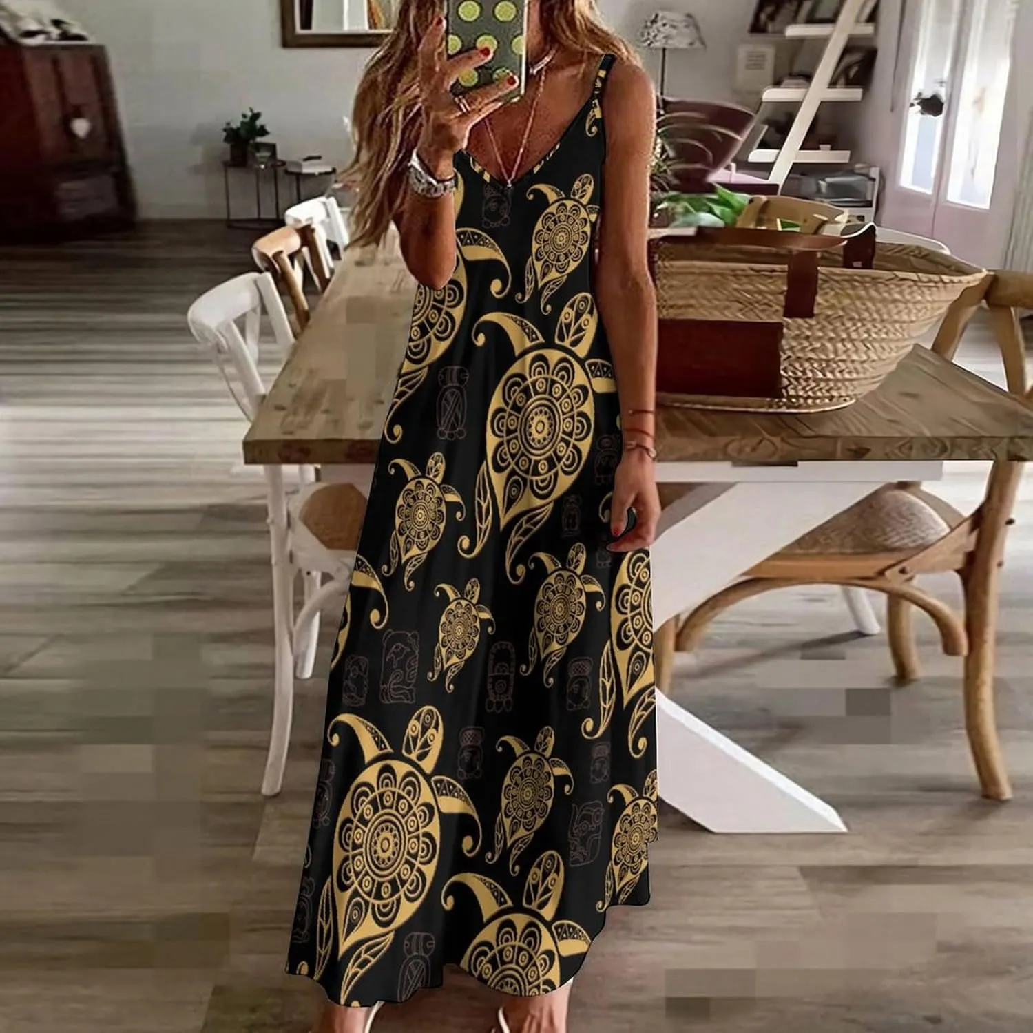 Sea Turtle Long Dress Womans Fashion Shirt Dresses V Neck Wrap Maxi Skirts Beach Frock Travel Dresses