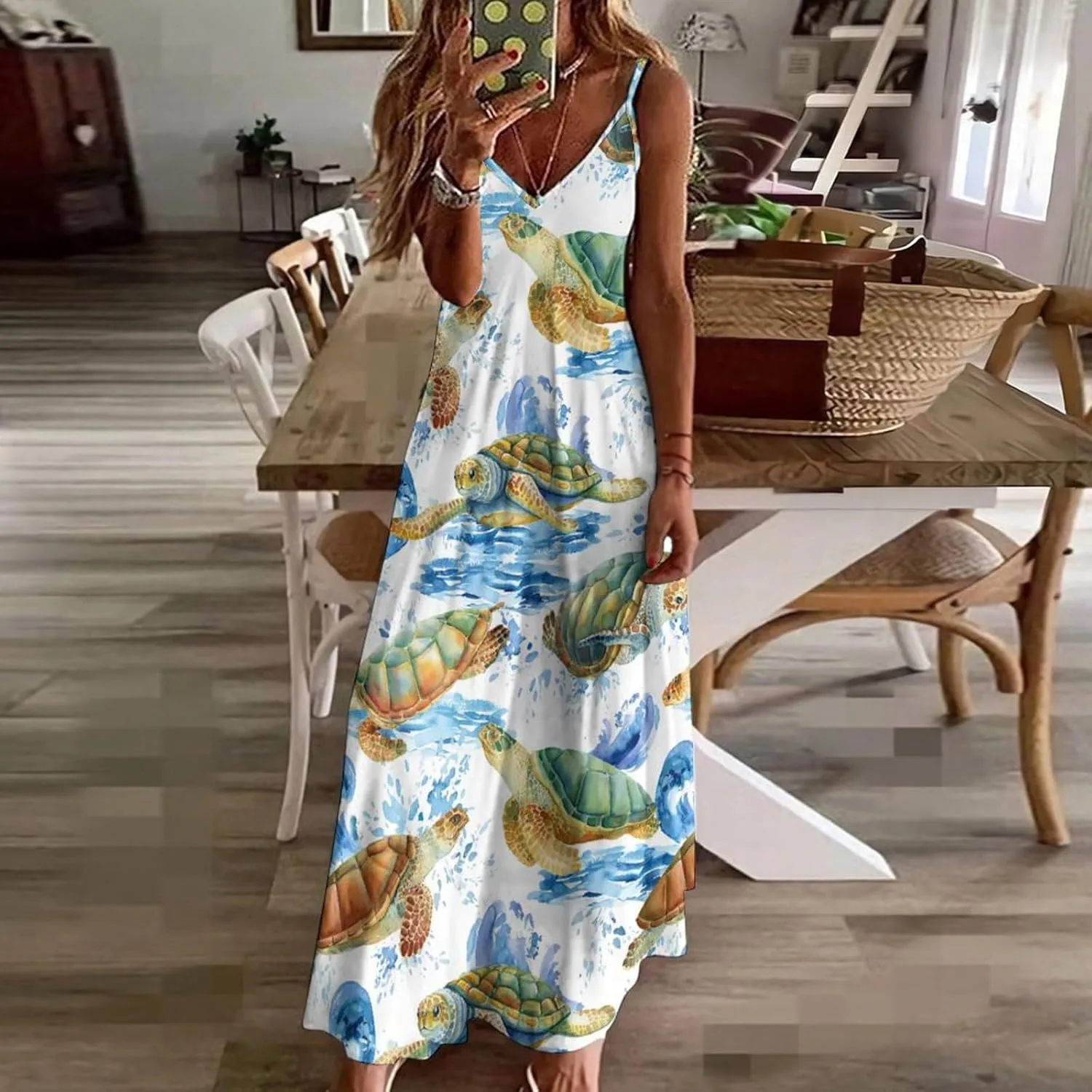 Sea Turtle Long Dress Womans Fashion Shirt Dresses V Neck Wrap Maxi Skirts Beach Frock Travel Dresses