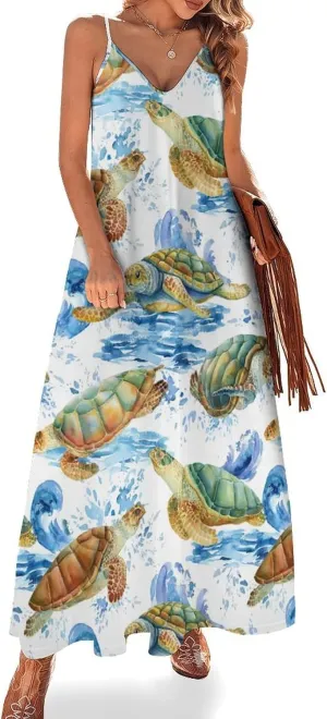 Sea Turtle Long Dress Womans Fashion Shirt Dresses V Neck Wrap Maxi Skirts Beach Frock Travel Dresses