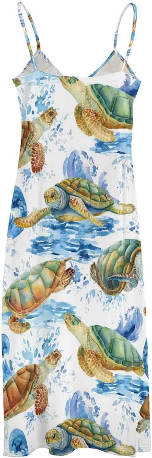 Sea Turtle Long Dress Womans Fashion Shirt Dresses V Neck Wrap Maxi Skirts Beach Frock Travel Dresses