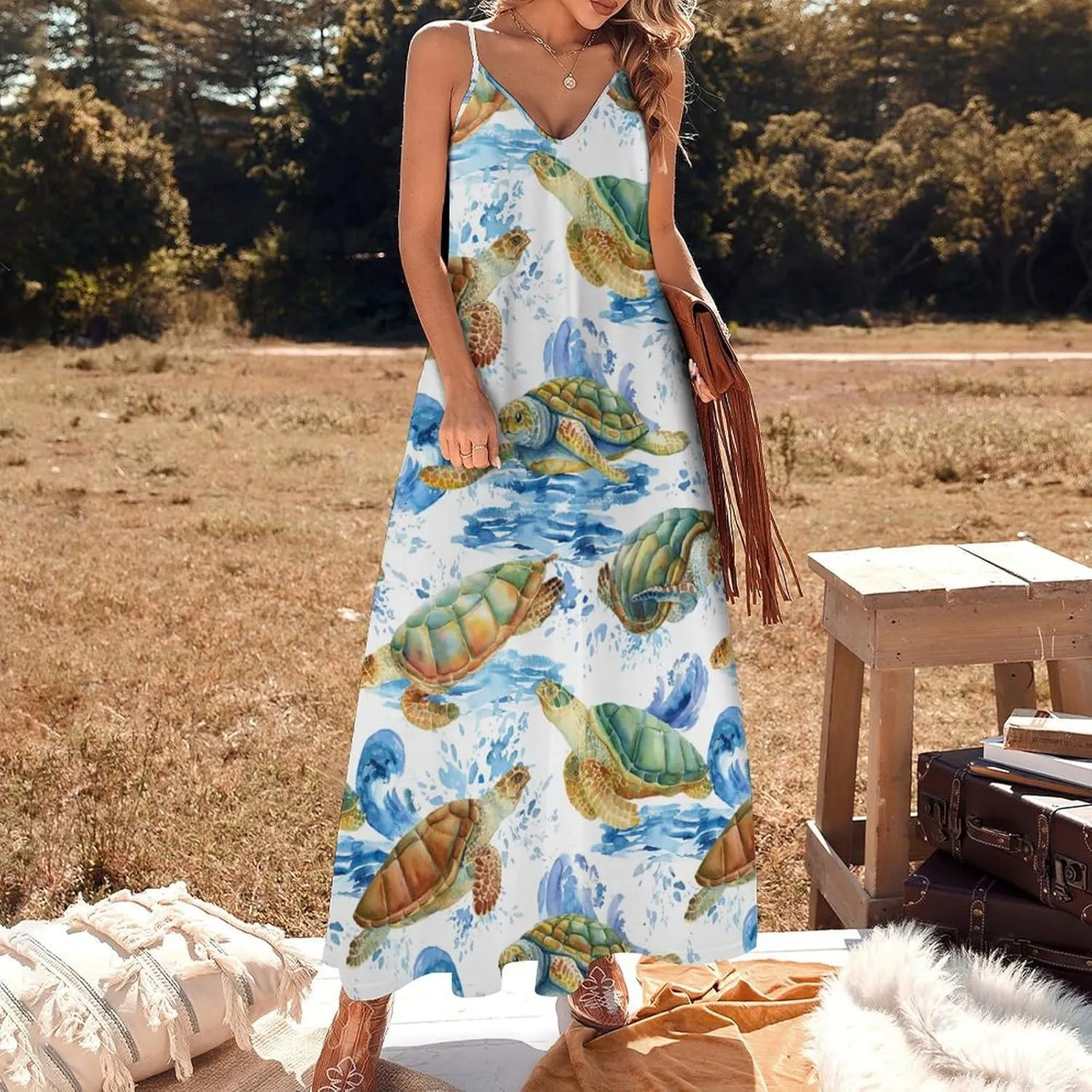 Sea Turtle Long Dress Womans Fashion Shirt Dresses V Neck Wrap Maxi Skirts Beach Frock Travel Dresses
