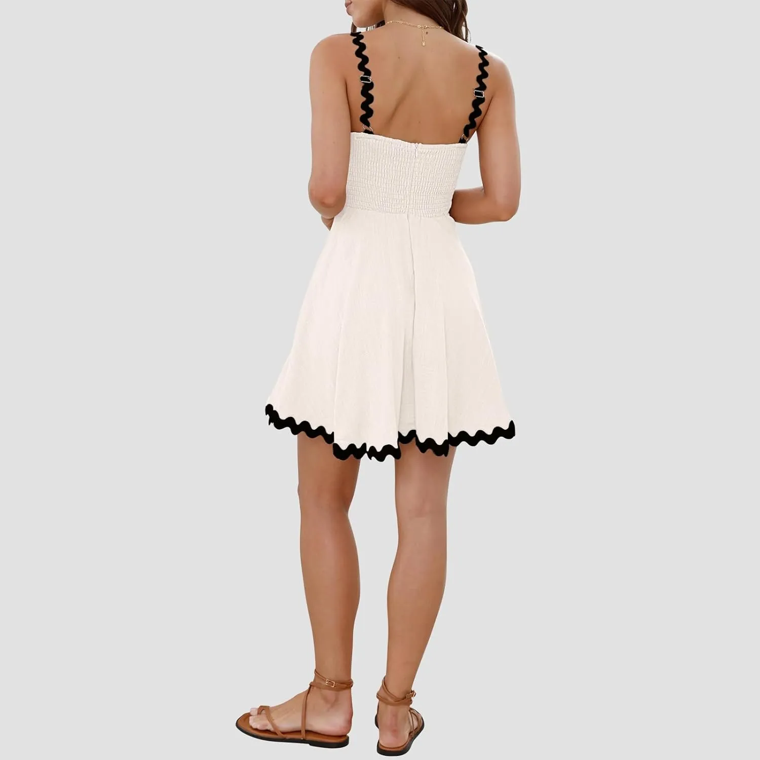 Senllen Womens Summer Flowy Mini Dress 2025 Casual Spaghetti Straps Sleeveless Smocked Backless Swing Wave Trim Sundress
