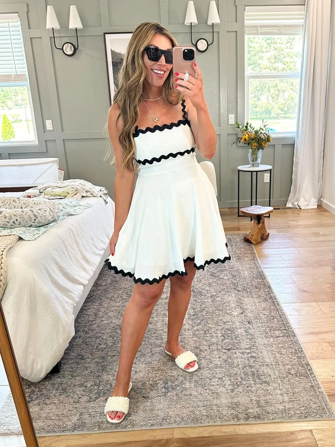 Senllen Womens Summer Flowy Mini Dress 2025 Casual Spaghetti Straps Sleeveless Smocked Backless Swing Wave Trim Sundress