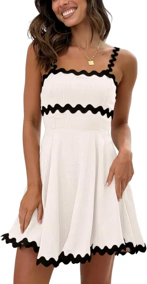 Senllen Womens Summer Flowy Mini Dress 2025 Casual Spaghetti Straps Sleeveless Smocked Backless Swing Wave Trim Sundress