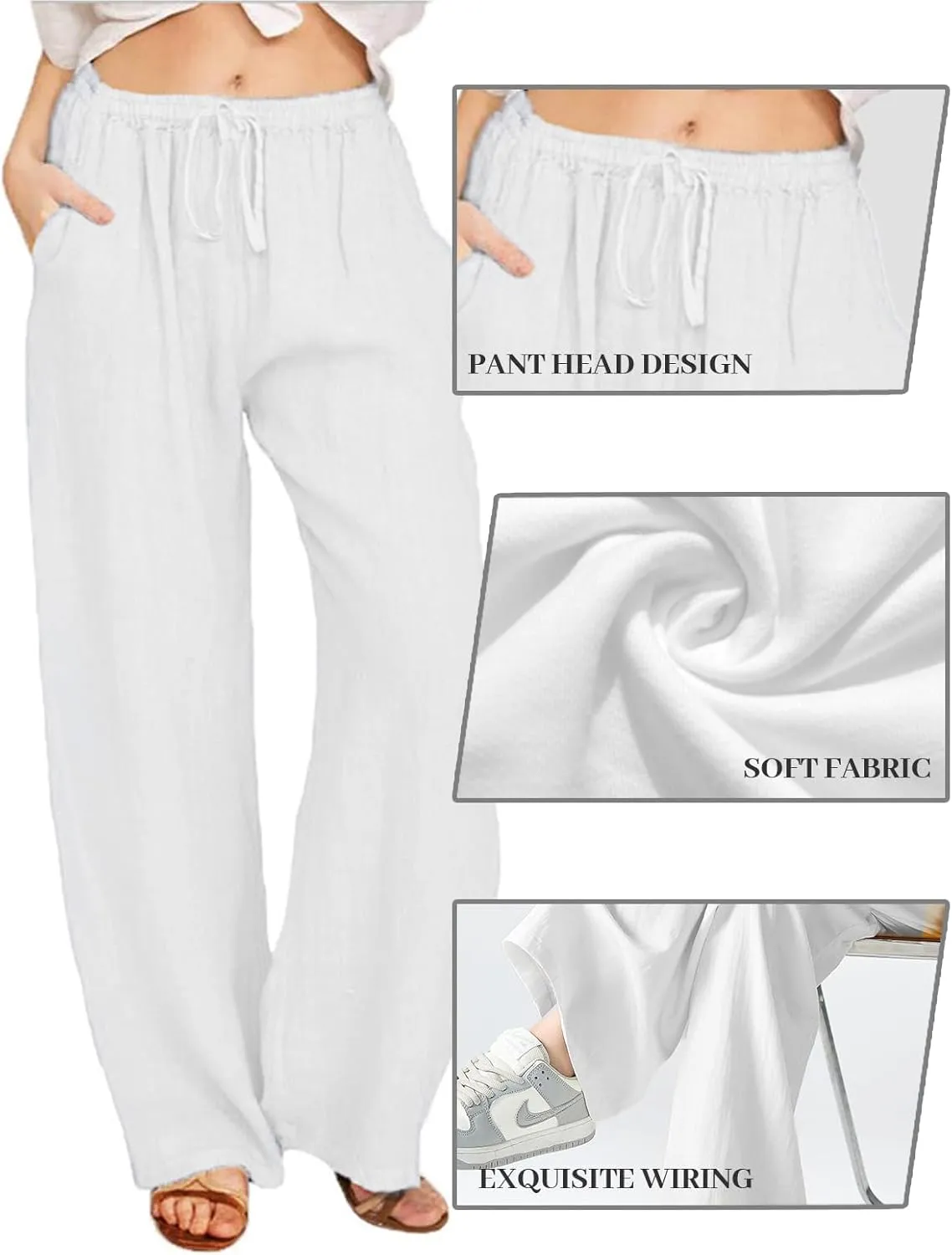 SHEKINI Womens Cotton Linen Pants Elastic High Waist Drawstring Lightweight Trousers Wide Leg Loose Casual Palazzo Yoga Pants