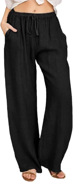 SHEKINI Womens Cotton Linen Pants Elastic High Waist Drawstring Lightweight Trousers Wide Leg Loose Casual Palazzo Yoga Pants