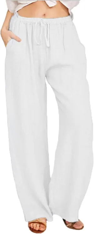 SHEKINI Womens Cotton Linen Pants Elastic High Waist Drawstring Lightweight Trousers Wide Leg Loose Casual Palazzo Yoga Pants