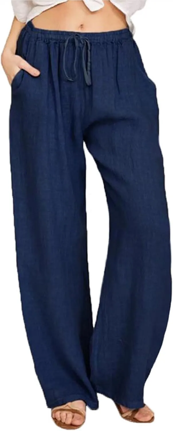 SHEKINI Womens Cotton Linen Pants Elastic High Waist Drawstring Lightweight Trousers Wide Leg Loose Casual Palazzo Yoga Pants