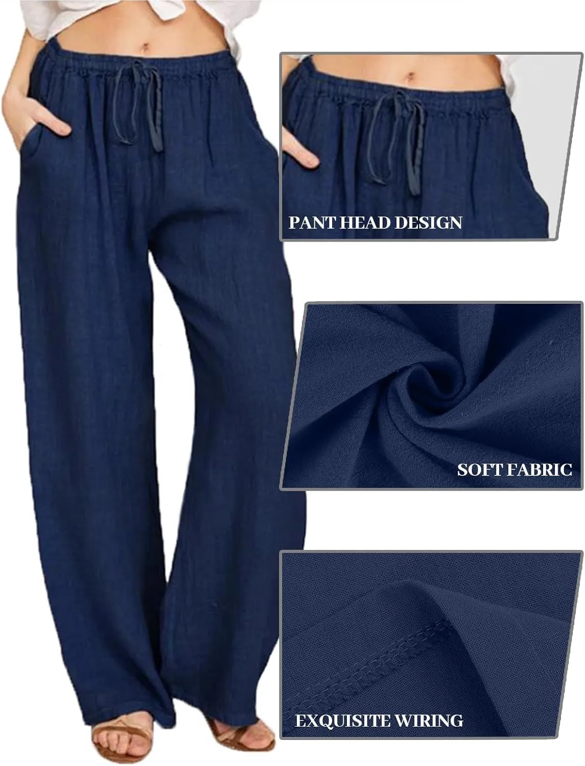 SHEKINI Womens Cotton Linen Pants Elastic High Waist Drawstring Lightweight Trousers Wide Leg Loose Casual Palazzo Yoga Pants