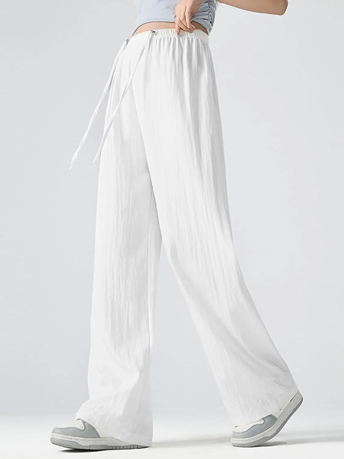 SHEKINI Womens Cotton Linen Pants Elastic High Waist Drawstring Lightweight Trousers Wide Leg Loose Casual Palazzo Yoga Pants
