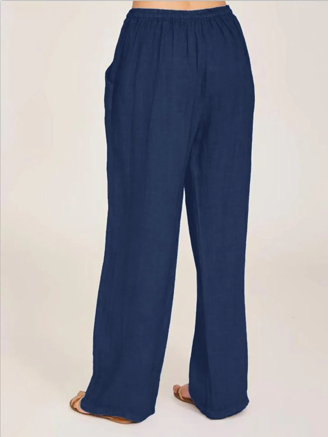 SHEKINI Womens Cotton Linen Pants Elastic High Waist Drawstring Lightweight Trousers Wide Leg Loose Casual Palazzo Yoga Pants