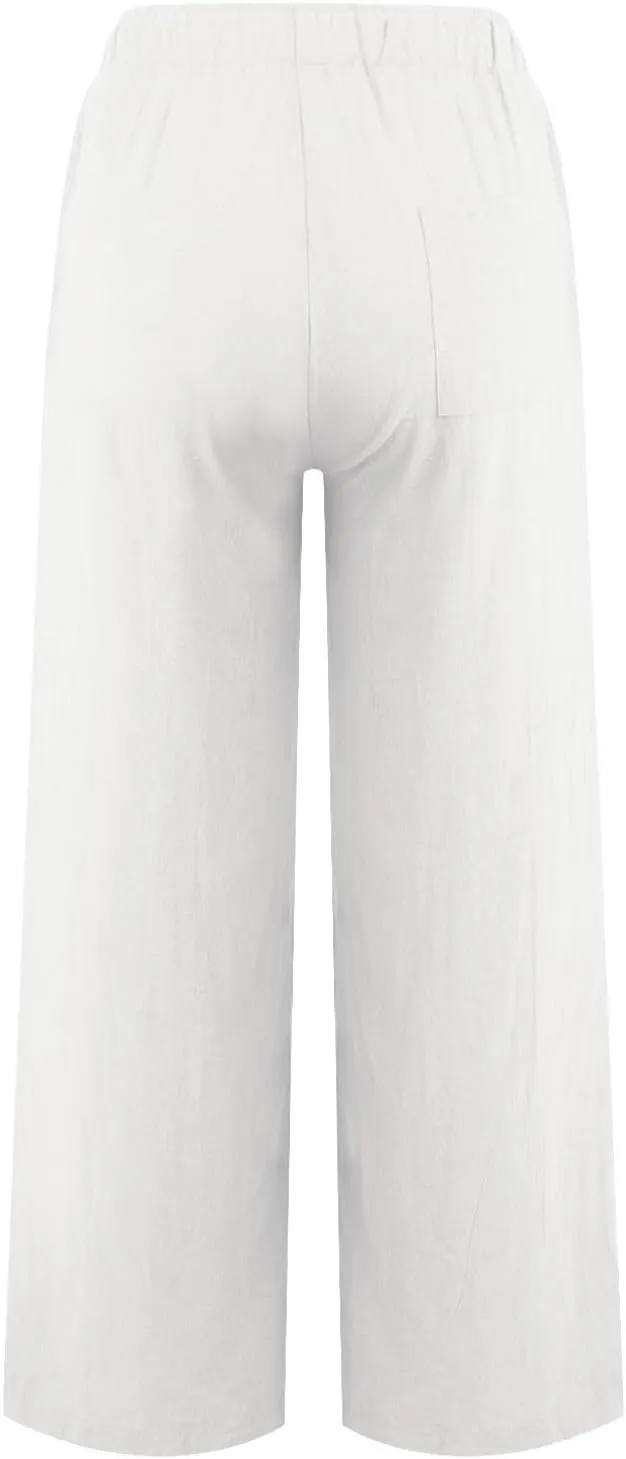 SHEKINI Womens Cotton Linen Pants Elastic High Waist Drawstring Lightweight Trousers Wide Leg Loose Casual Palazzo Yoga Pants