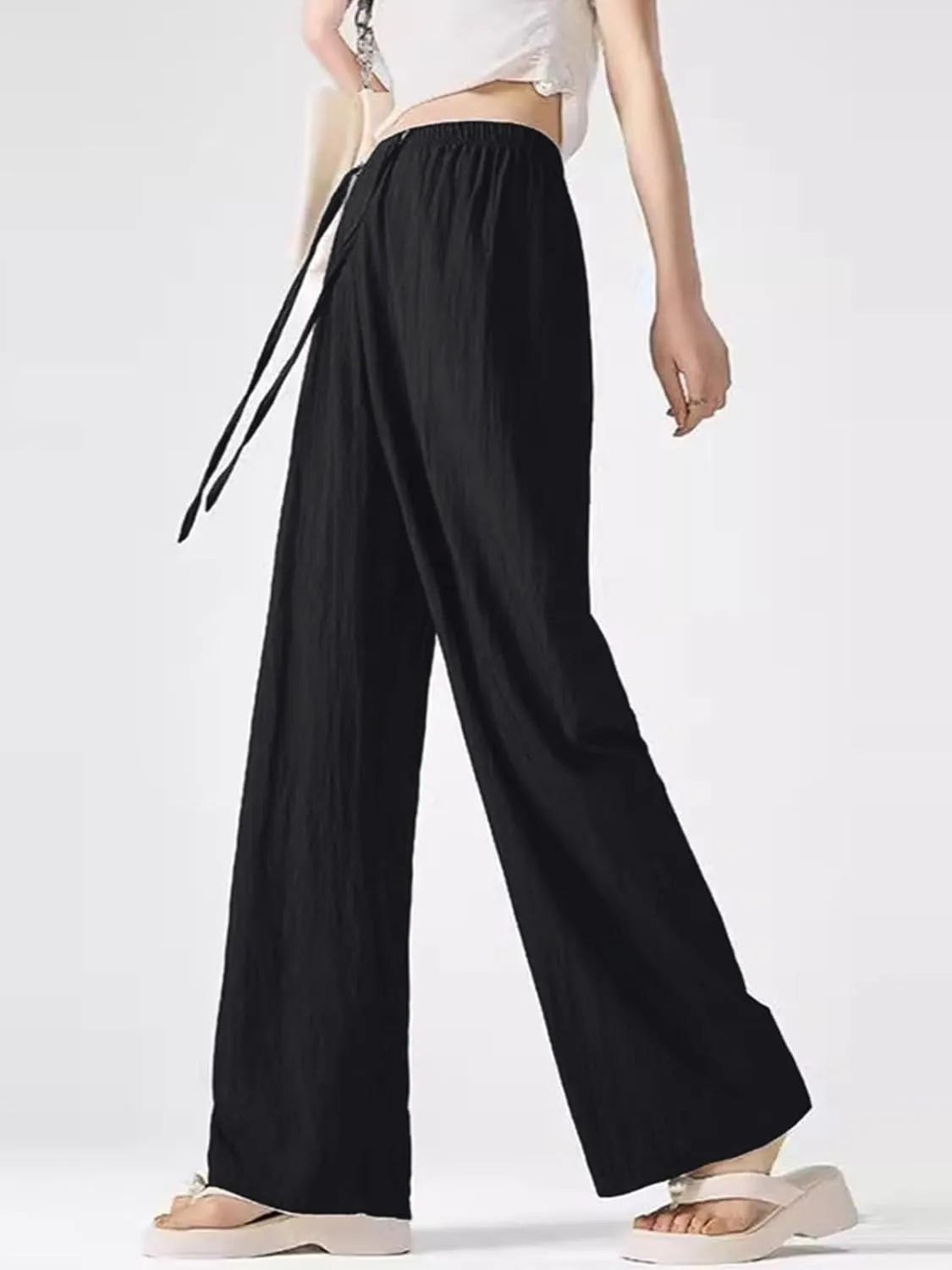 SHEKINI Womens Cotton Linen Pants Elastic High Waist Drawstring Lightweight Trousers Wide Leg Loose Casual Palazzo Yoga Pants