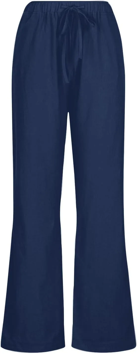 SHEKINI Womens Cotton Linen Pants Elastic High Waist Drawstring Lightweight Trousers Wide Leg Loose Casual Palazzo Yoga Pants