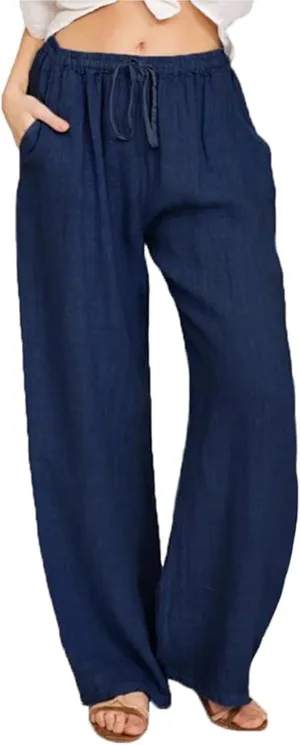 SHEKINI Womens Cotton Linen Pants Elastic High Waist Drawstring Lightweight Trousers Wide Leg Loose Casual Palazzo Yoga Pants