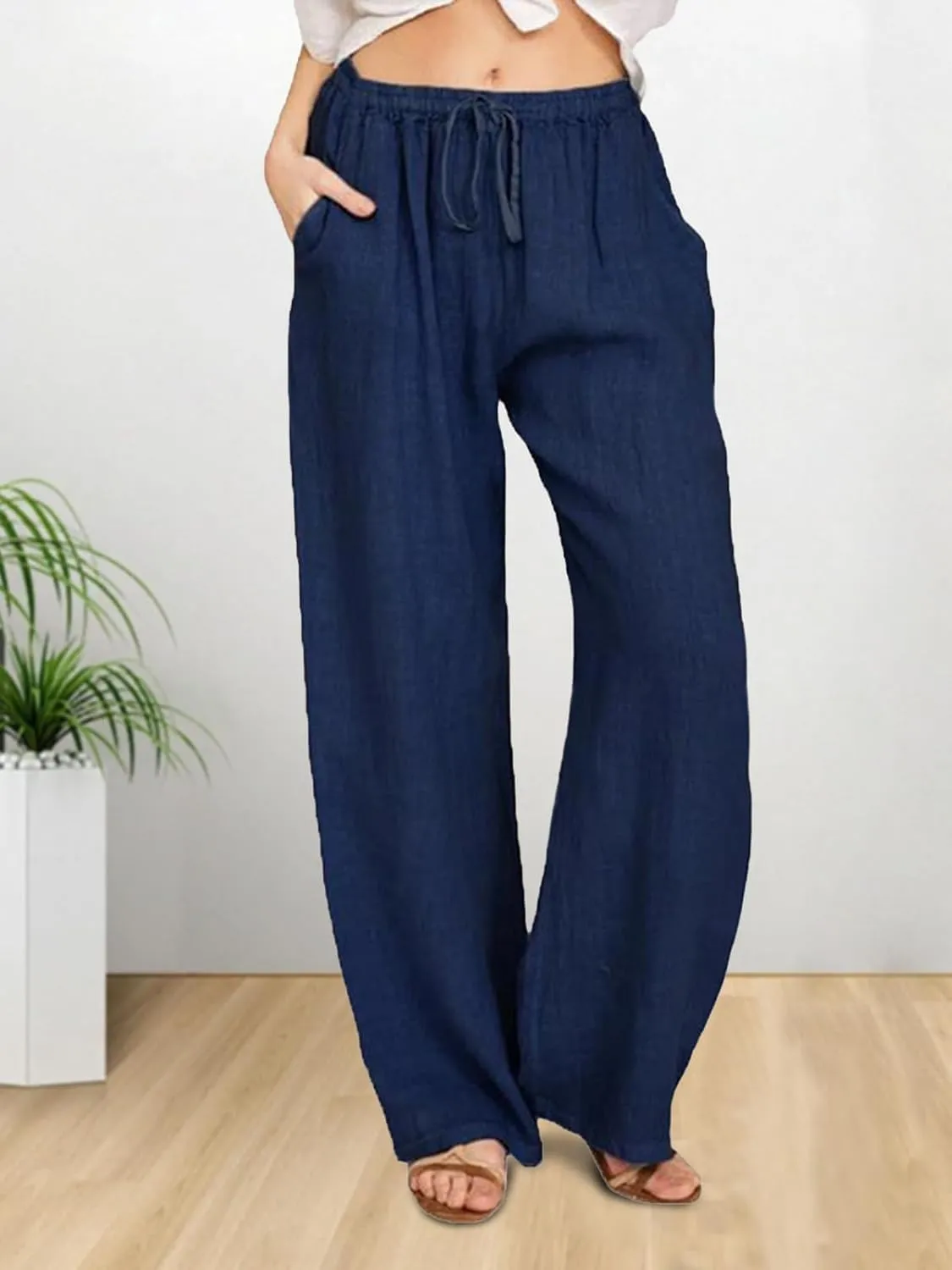 SHEKINI Womens Cotton Linen Pants Elastic High Waist Drawstring Lightweight Trousers Wide Leg Loose Casual Palazzo Yoga Pants
